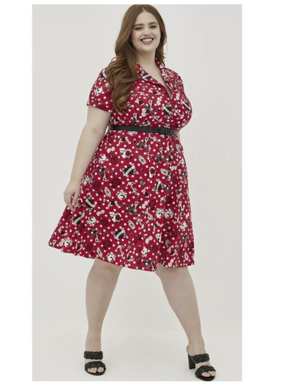 Torrid Retro Chic Red Skull Print Midi Poplin Collared Swing Dress Belted 12 New